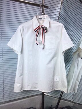 Thom Browne White Short-Sleeve Polo Blouse with Striped Bow